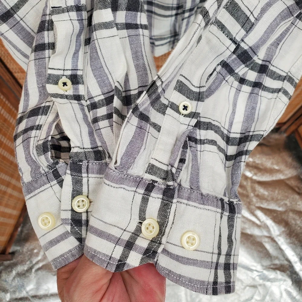 ♧ Banana Republic Camden Fit Linen Plaid Button Down Shirt Size XL White Black